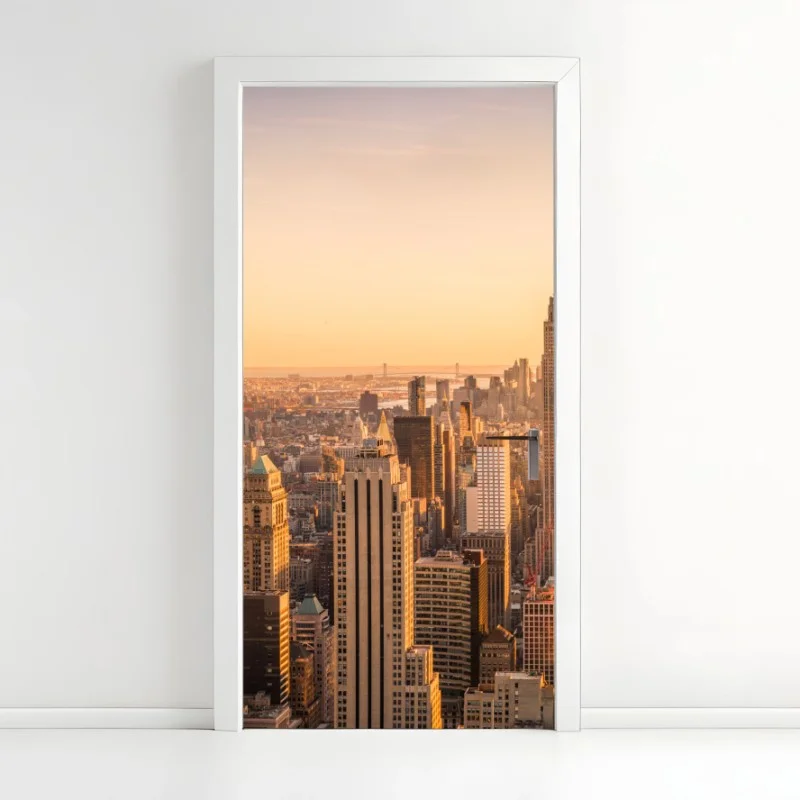 Adesivo per porta skyline di New York al tramonto dorato