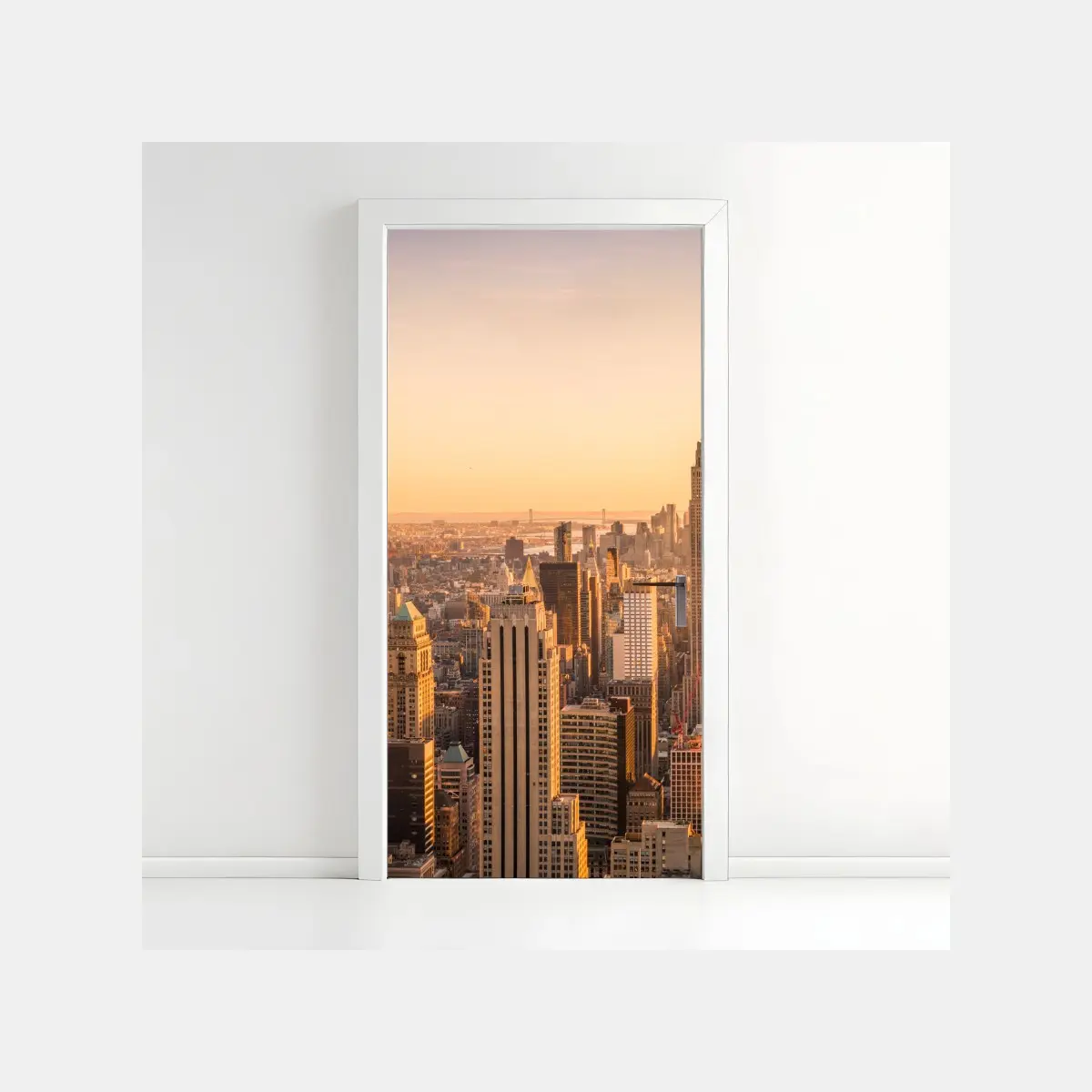 Adesivo per porta skyline di New York al tramonto dorato • Wallissimo®