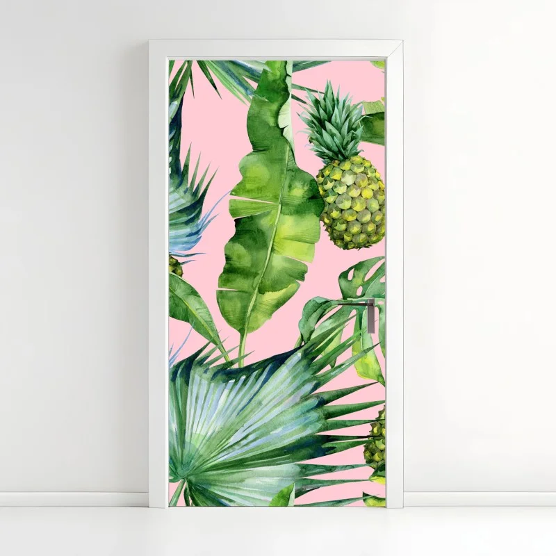 Adesivo per porta motivo tropicale acquerello con ananas su sfondo rosa