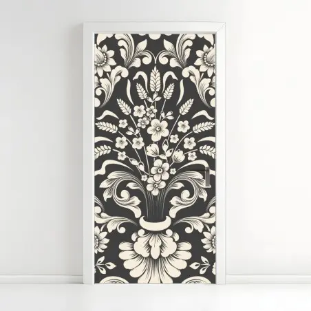 Adesivo per porta motivo damascato floreale elegante su sfondo scuro • Wallissimo®