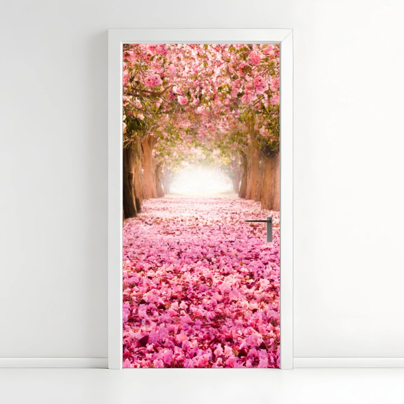 Adesivo per porta viale incantato di fiori di ciliegio