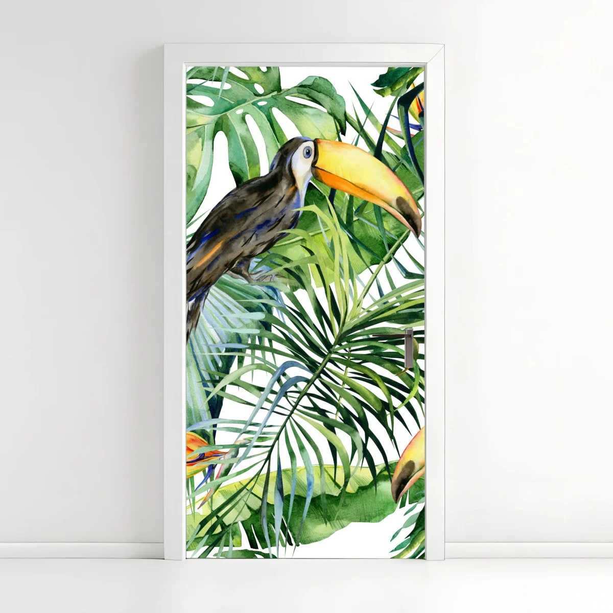 Adesivo per porta tucani nella giungla tropicale acquerellata • Wallissimo® Adesivo per porta tucani nella giungla tropicale acquerellata • Wallissimo®