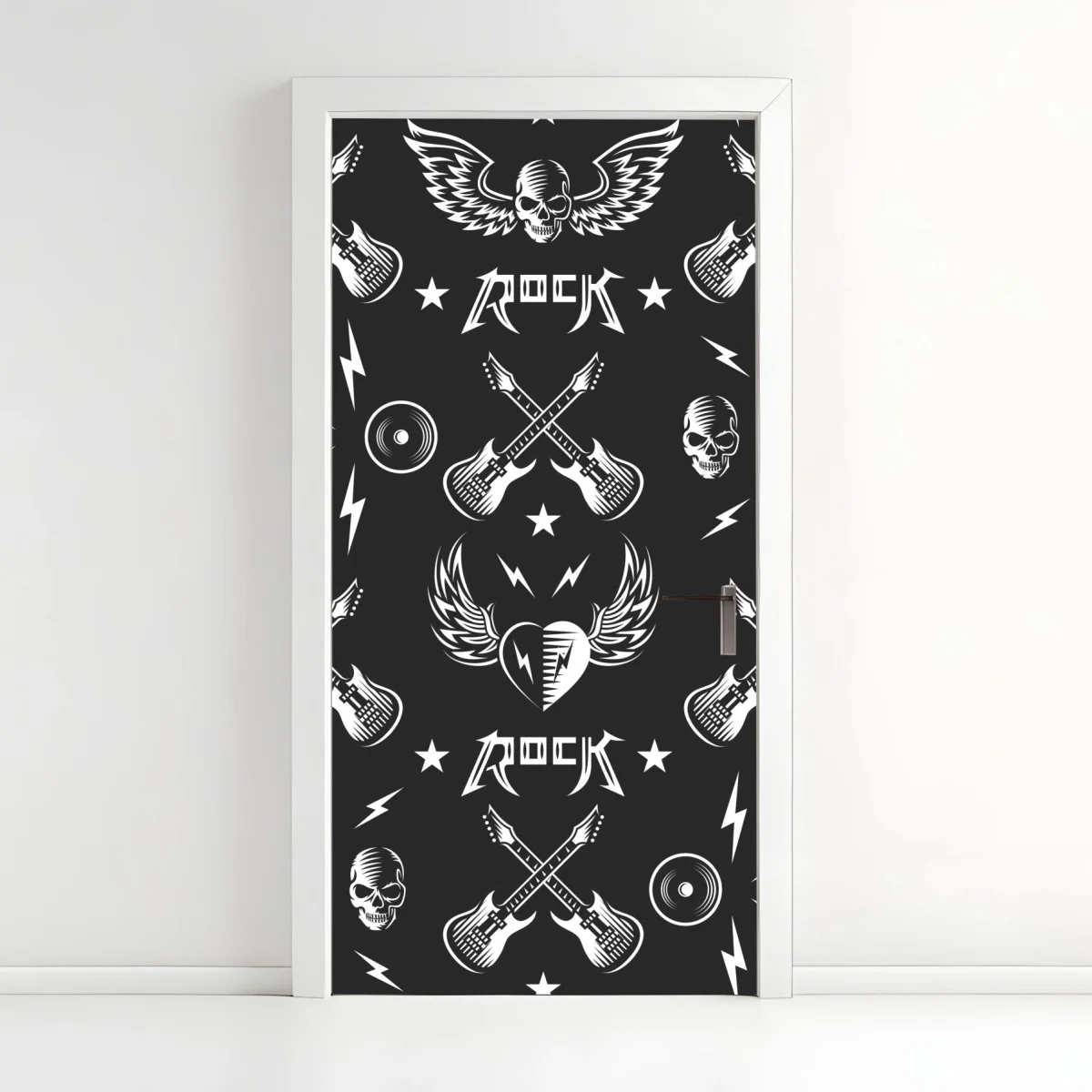 Adesivo per porta motivo rock bianco e nero con chitarre e teschi • Wallissimo® Adesivo per porta motivo rock bianco e nero con chitarre e teschi • Wallissimo®