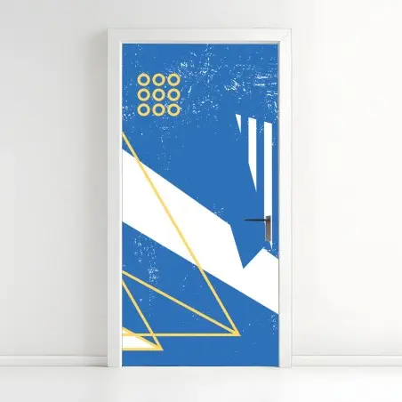 Adesivo per porta composizione geometrica blu e gialla in stile Memphis • Wallissimo®