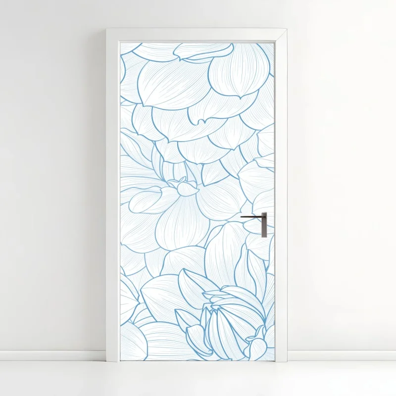 Adesivo per porta motivo floreale a linee sottili color azzurro