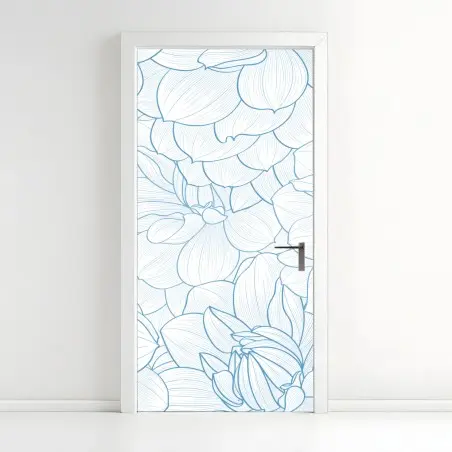 Adesivo per porta motivo floreale a linee sottili color azzurro • Wallissimo®