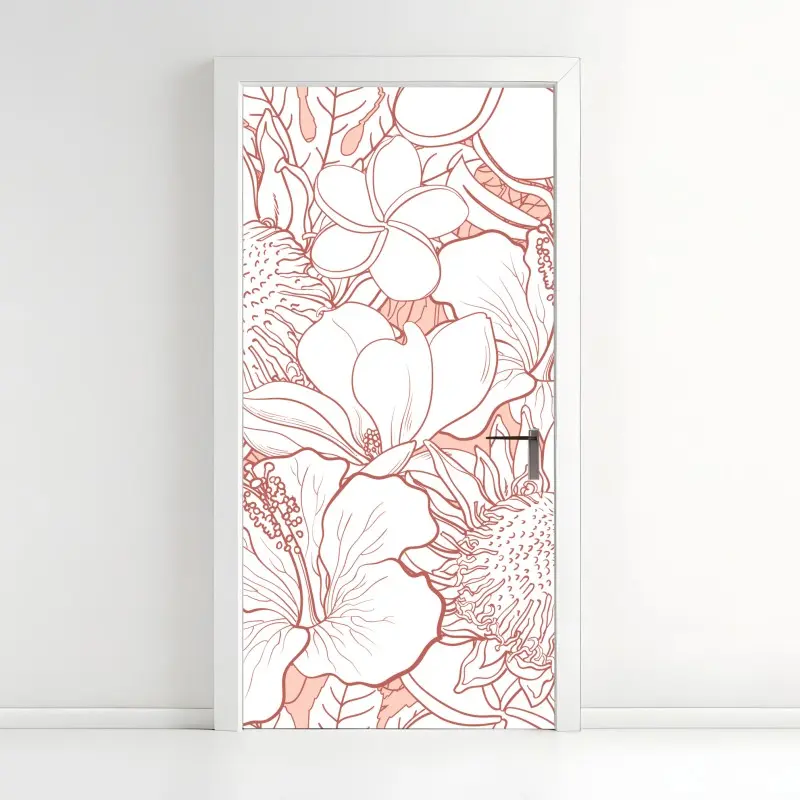 Adesivo per porta motivo floreale botanico in tonalità corallo