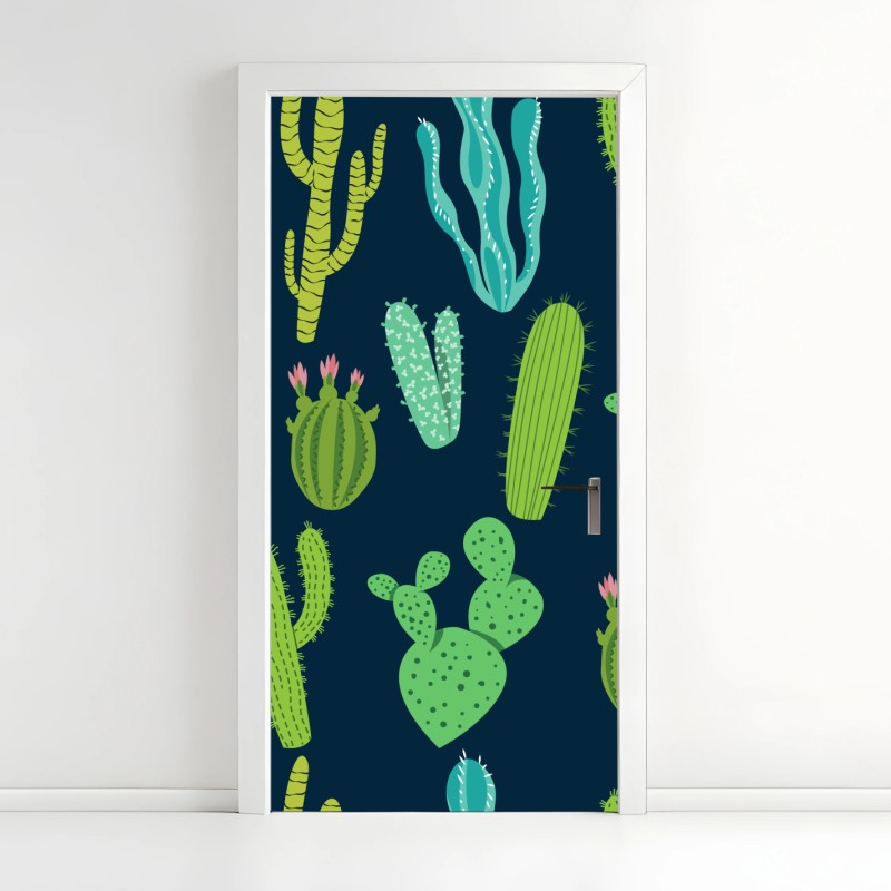 Adesivo per porta pattern di cactus e succulente in tonalità verdi