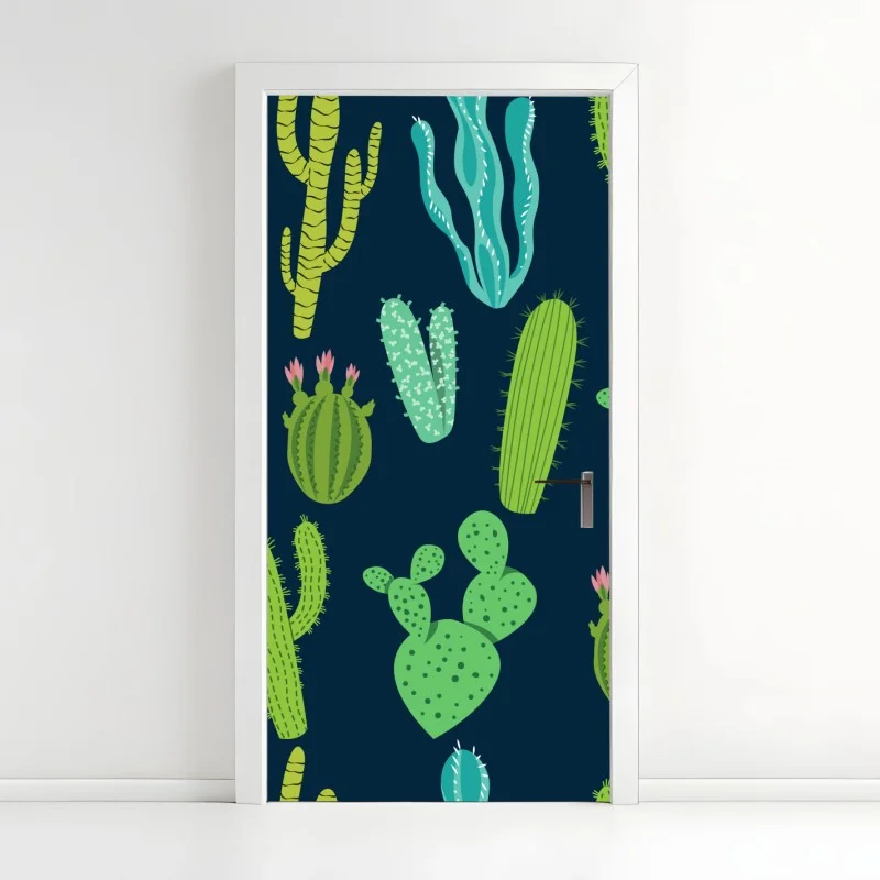 Adesivo per porta pattern di cactus e succulente in tonalità verdi