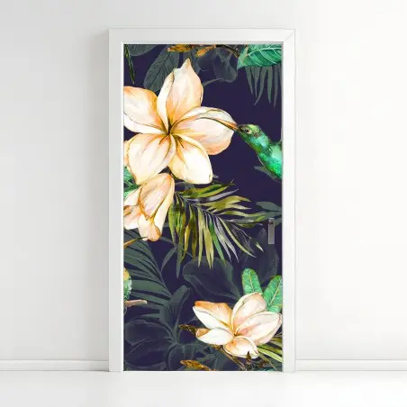 Adesivo per porta motivo tropicale con colibrì e plumeria su sfondo scuro • Wallissimo®