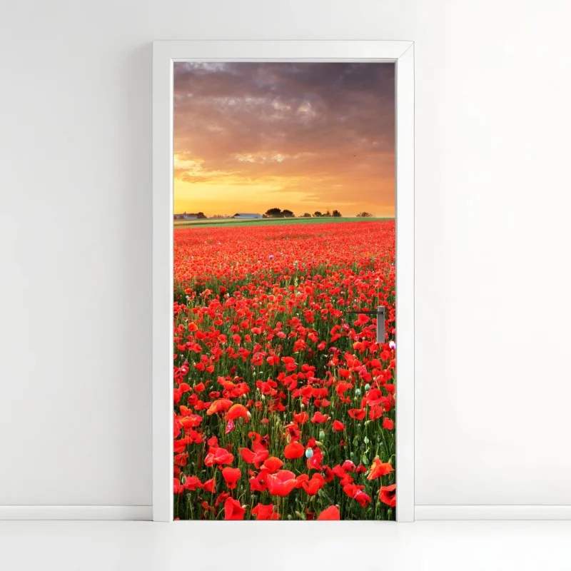 Adesivo per porta tramonto sul campo di papaveri