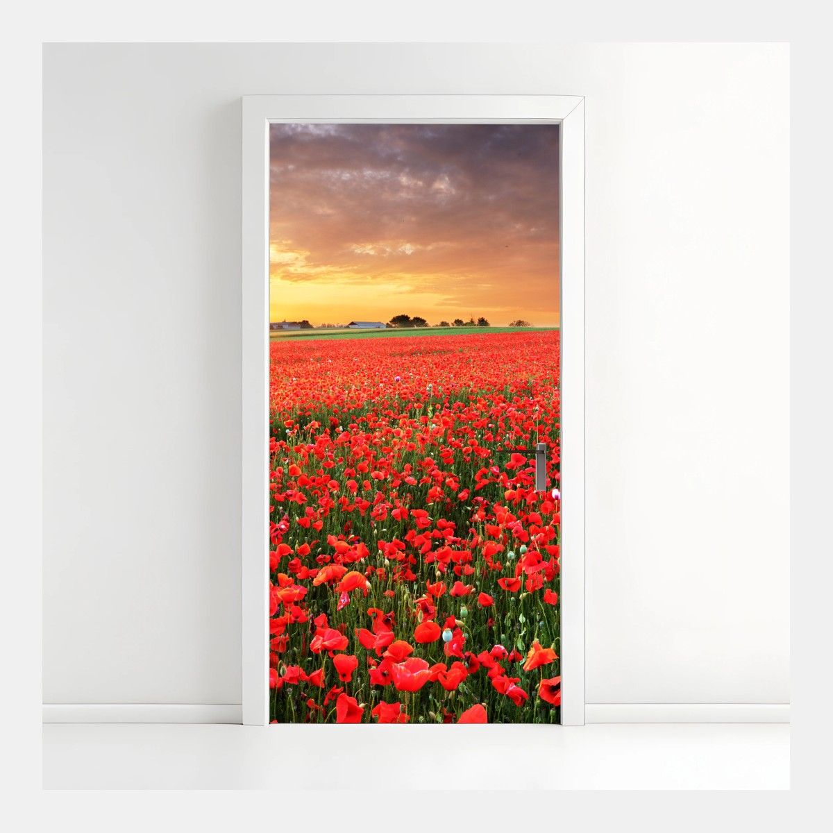 Adesivo per porta tramonto sul campo di papaveri • Wallissimo®