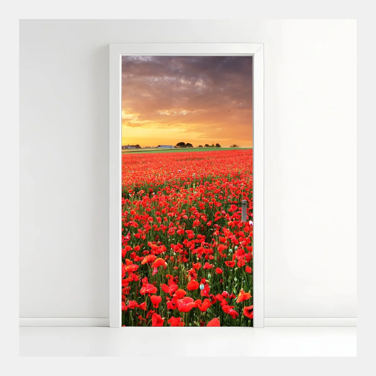 Adesivo per porta tramonto sul campo di papaveri • Wallissimo® Adesivo per porta tramonto sul campo di papaveri • Wallissimo®