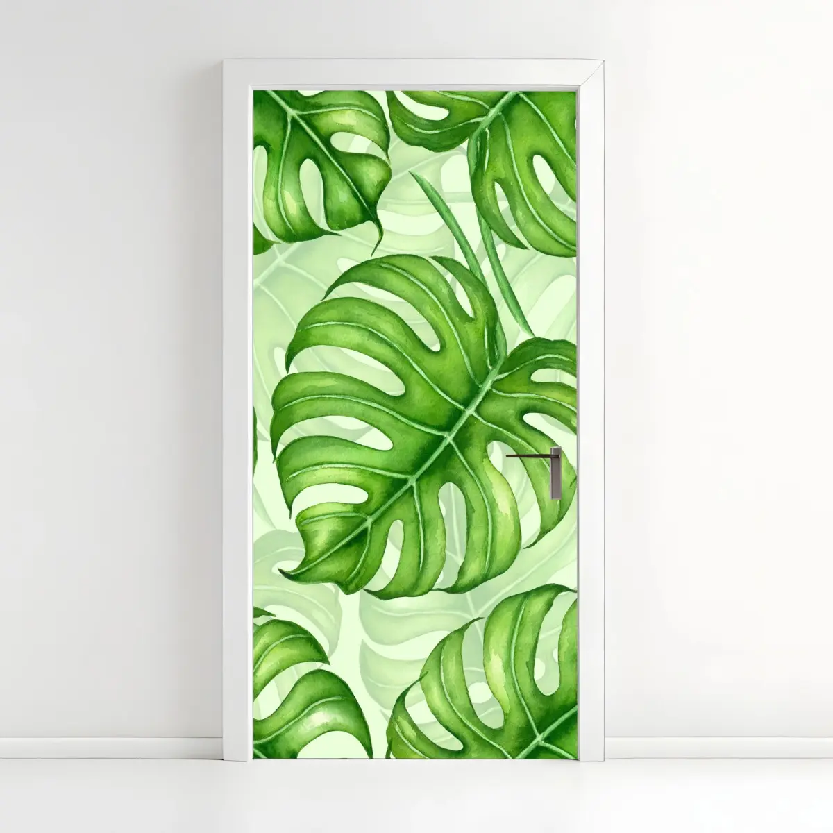 Adesivo per porta motivo botanico di foglie di monstera in acquerello • Wallissimo®