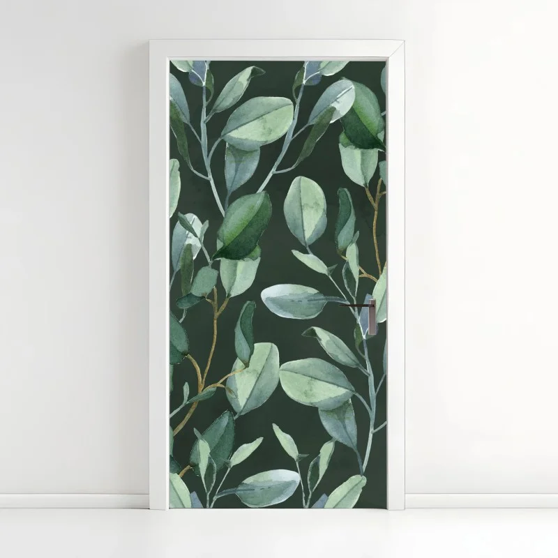 Adesivo per porta motivo botanico di eucalipto su fondo verde scuro