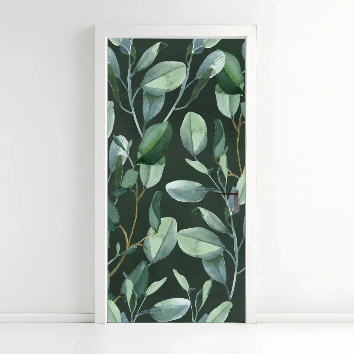 Adesivo per porta motivo botanico di eucalipto su fondo verde scuro • Wallissimo® Adesivo per porta motivo botanico di eucalipto su fondo verde scuro • Wallissimo®