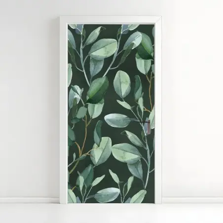 Adesivo per porta motivo botanico di eucalipto su fondo verde scuro • Wallissimo®