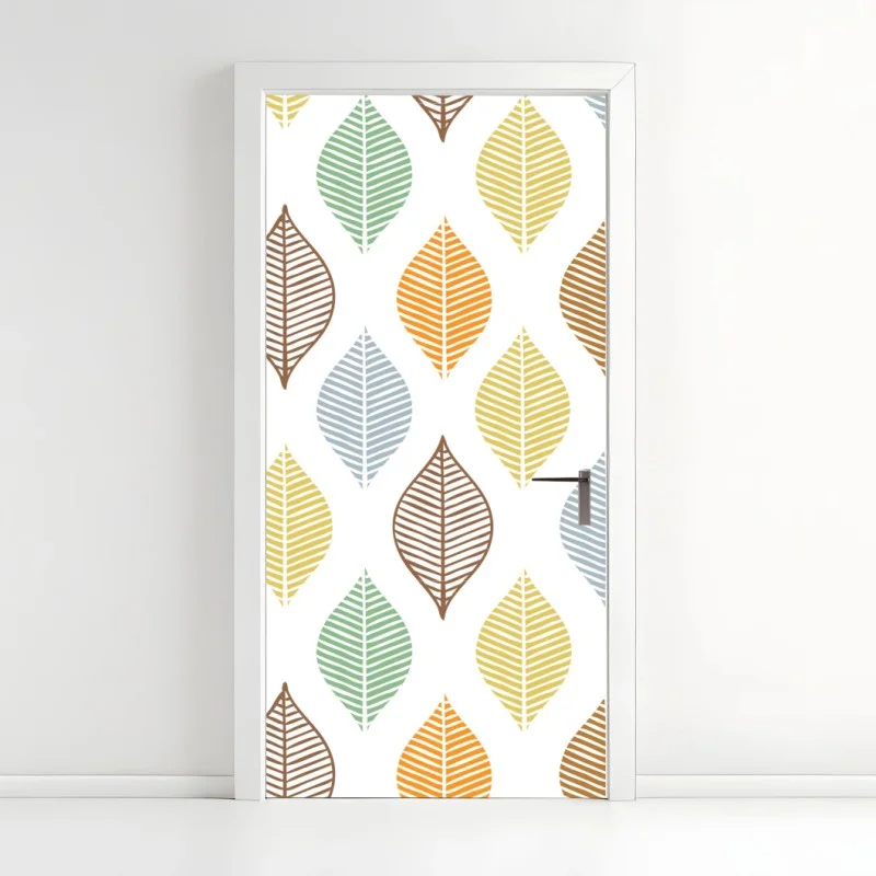 Adesivo per porta motivo foglie colorate in stile geometrico