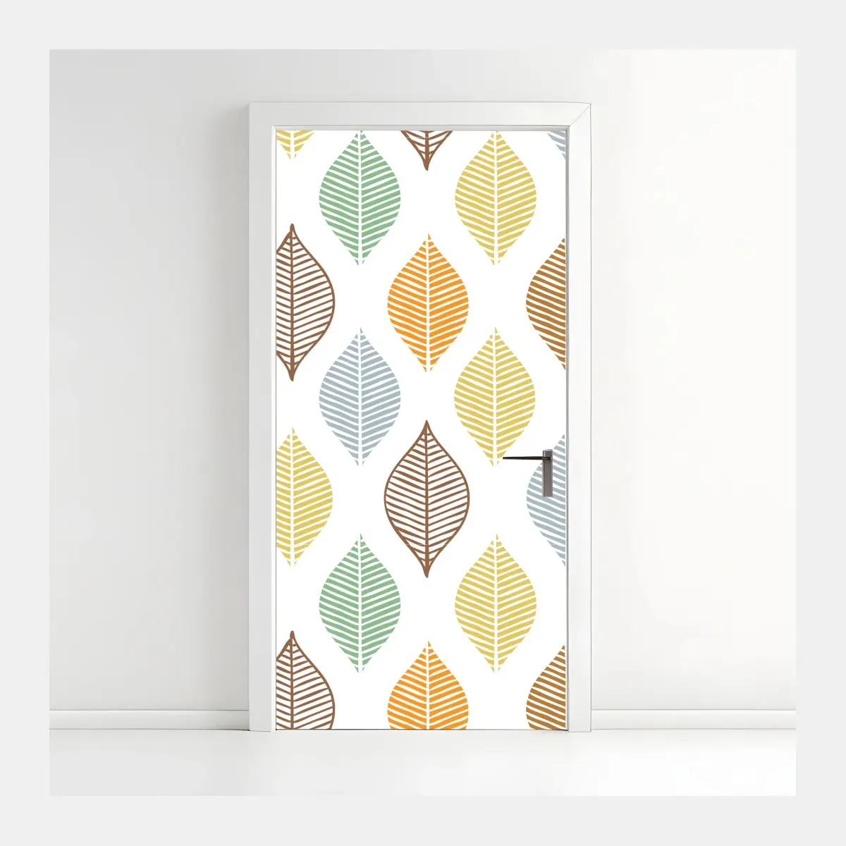 Adesivo per porta motivo foglie colorate in stile geometrico • Wallissimo®