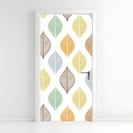 Adesivo per porta motivo foglie colorate in stile geometrico • Wallissimo®