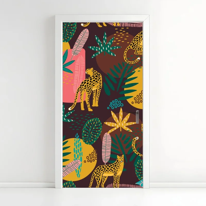 Adesivo per porta ghepardi nella giungla tropicale