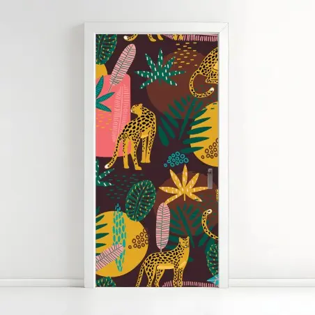 Adesivo per porta ghepardi nella giungla tropicale • Wallissimo®