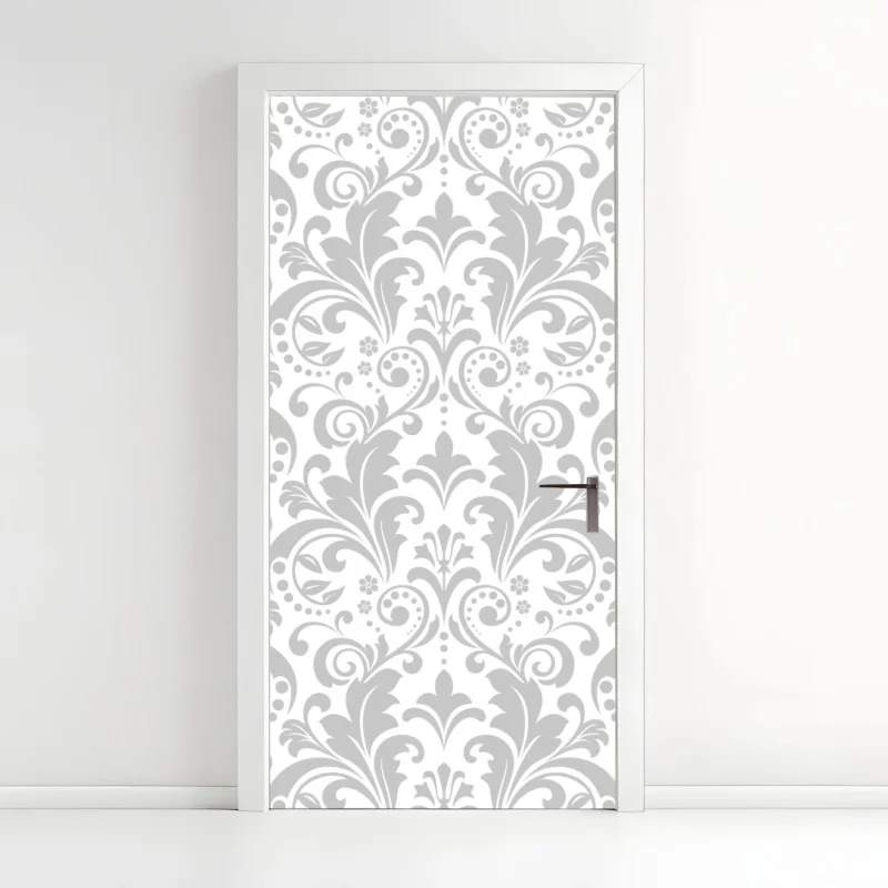 Adesivo per porta motivo damascato elegante grigio e bianco • Wallissimo®