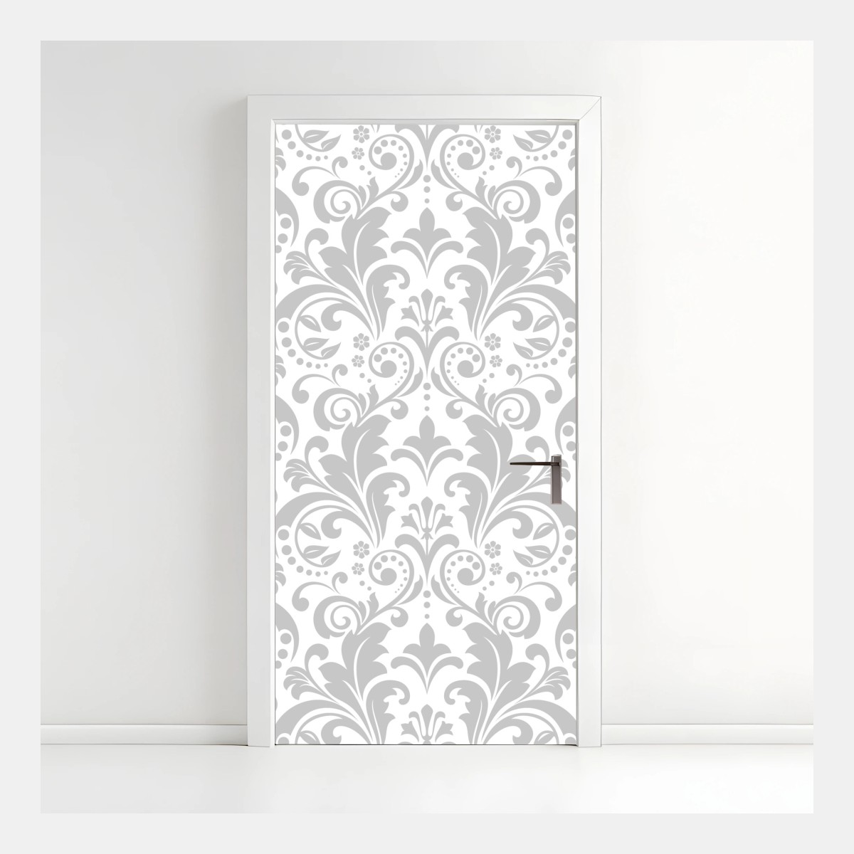 Adesivo per porta motivo damascato elegante grigio e bianco • Wallissimo®