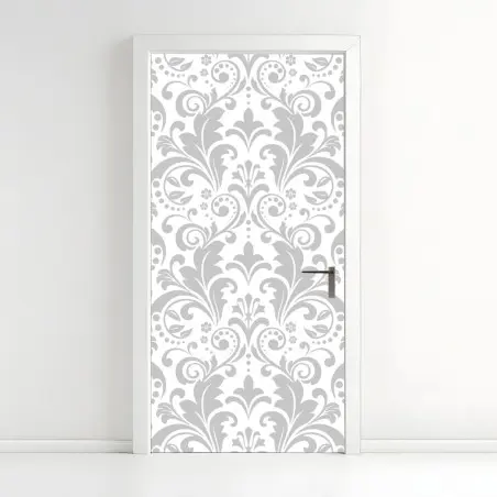 Adesivo per porta motivo damascato elegante grigio e bianco • Wallissimo®