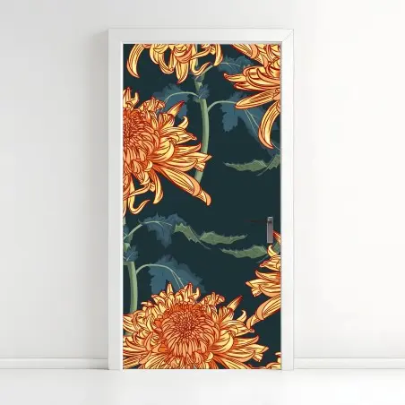 Adesivo per porta elegante motivo di crisantemi arancioni su sfondo scuro • Wallissimo®