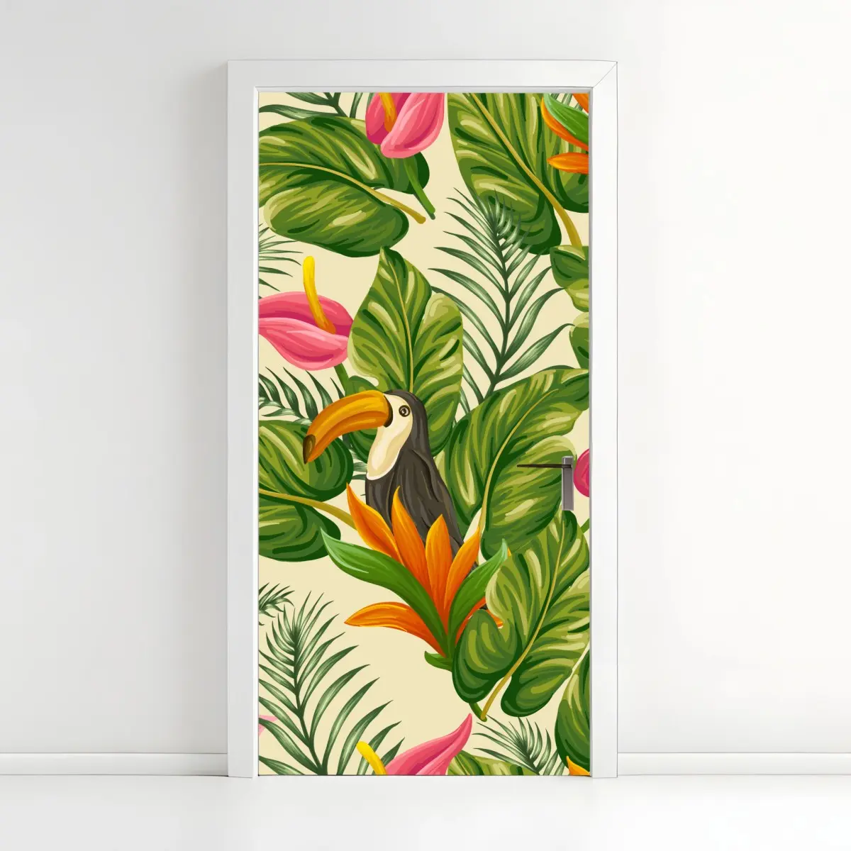 Adesivo per porta giungla tropicale con tucano e fiori colorati • Wallissimo®