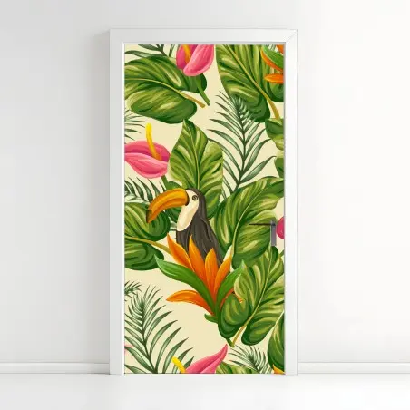 Adesivo per porta giungla tropicale con tucano e fiori colorati • Wallissimo®