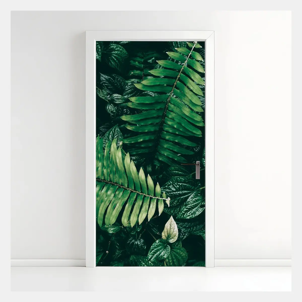 Adesivo per porta giungla verticale: fogliame tropicale in verde scuro • Wallissimo®