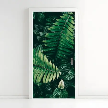 Adesivo per porta giungla verticale: fogliame tropicale in verde scuro • Wallissimo®