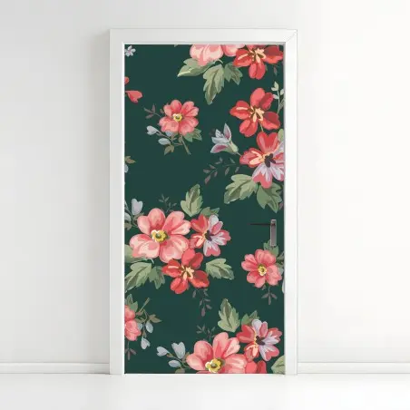Adesivo per porta motivo floreale romantico su sfondo verde scuro • Wallissimo®