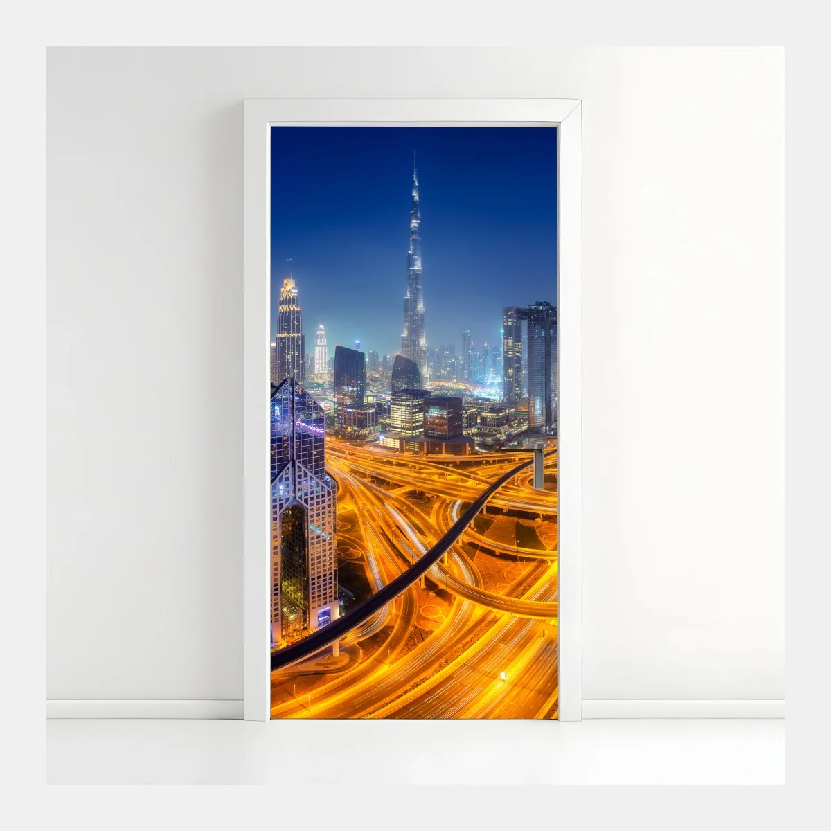 Adesivo per porta panoramica notturna di Dubai • Wallissimo® Adesivo per porta panoramica notturna di Dubai • Wallissimo®