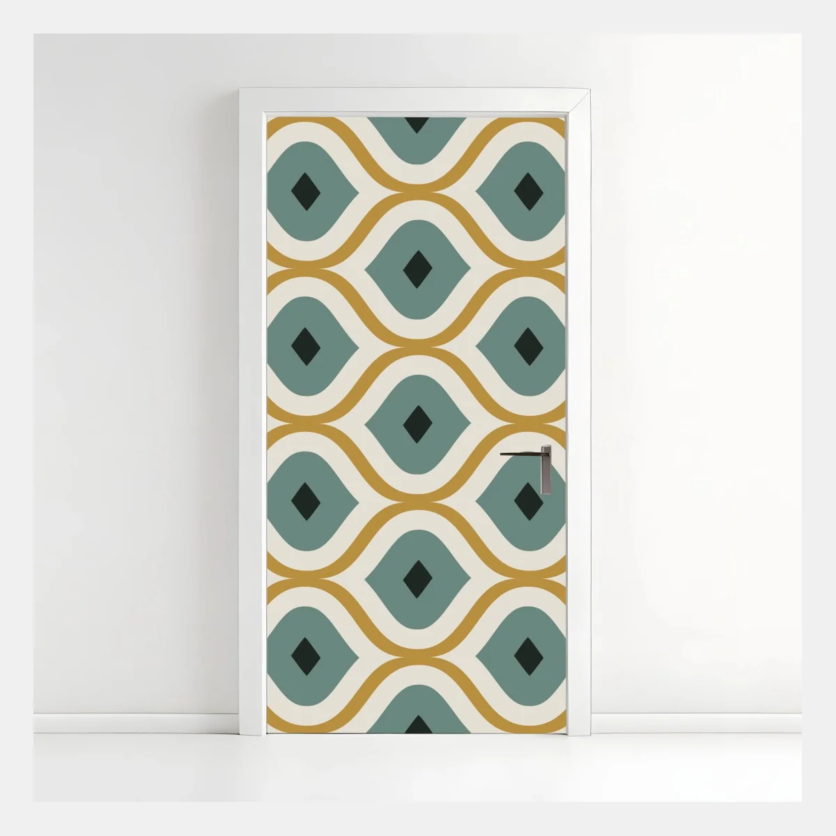 Adesivo per porta motivo geometrico retrò in toni verdi e senape • Wallissimo® Adesivo per porta motivo geometrico retrò in toni verdi e senape • Wallissimo®