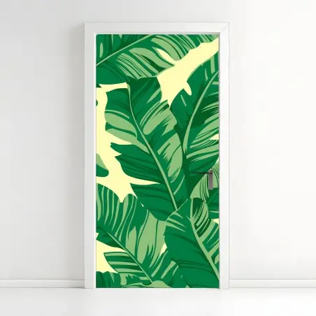 Adesivo per porta motivo foglie tropicali verdi su sfondo giallo • Wallissimo®