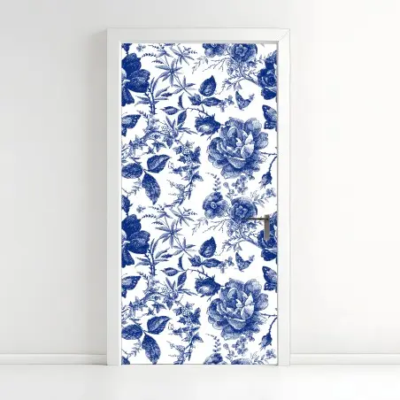 Adesivo per porta motivo floreale blu in stile toile • Wallissimo®