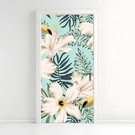 Adesivo per porta tropicale: tucani e fiori su sfondo verde menta • Wallissimo®