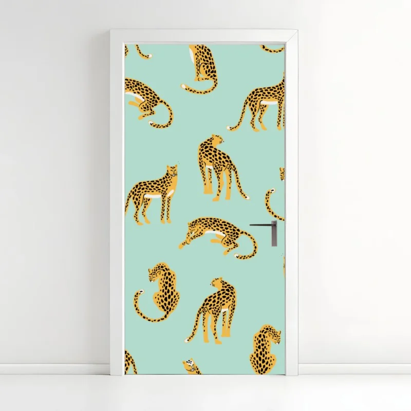 Adesivo per porta ghepardi su sfondo verde menta