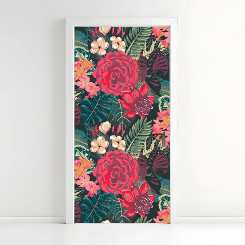 Adesivo per porta motivo floreale tropicale dai toni vivaci