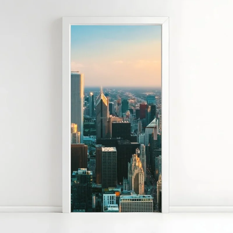 Adesivo per porta tramonto su Chicago: skyline metropolitano • Wallissimo®