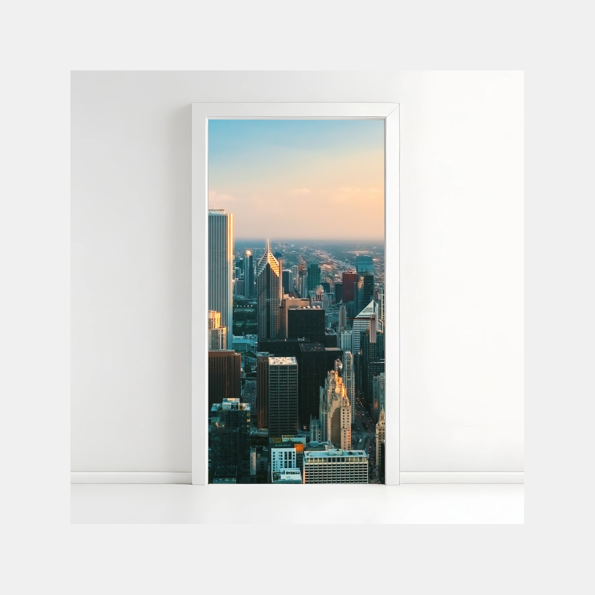 Adesivo per porta tramonto su Chicago: skyline metropolitano • Wallissimo®