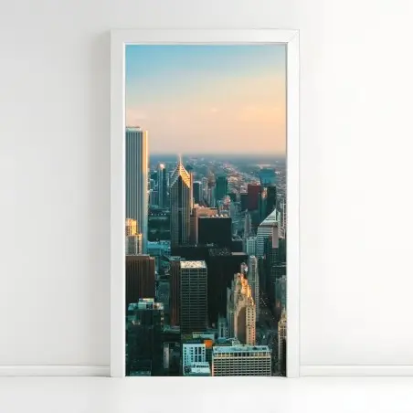 Adesivo per porta tramonto su Chicago: skyline metropolitano • Wallissimo®