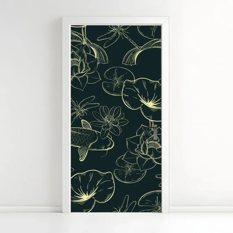 Adesivo per porta serenità acquatica: carpe koi e fiori di loto