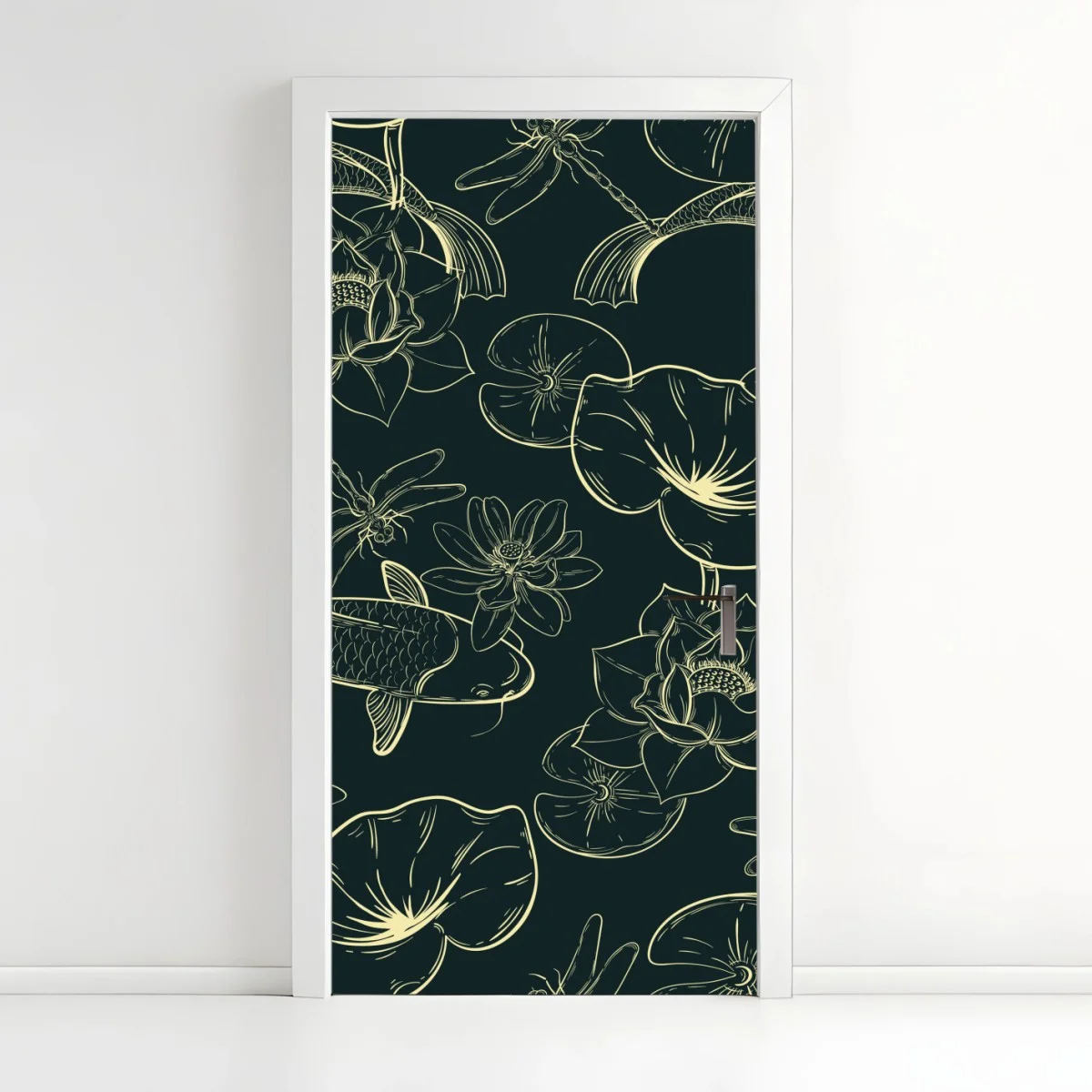 Adesivo per porta serenità acquatica: carpe koi e fiori di loto • Wallissimo® Adesivo per porta serenità acquatica: carpe koi e fiori di loto • Wallissimo®