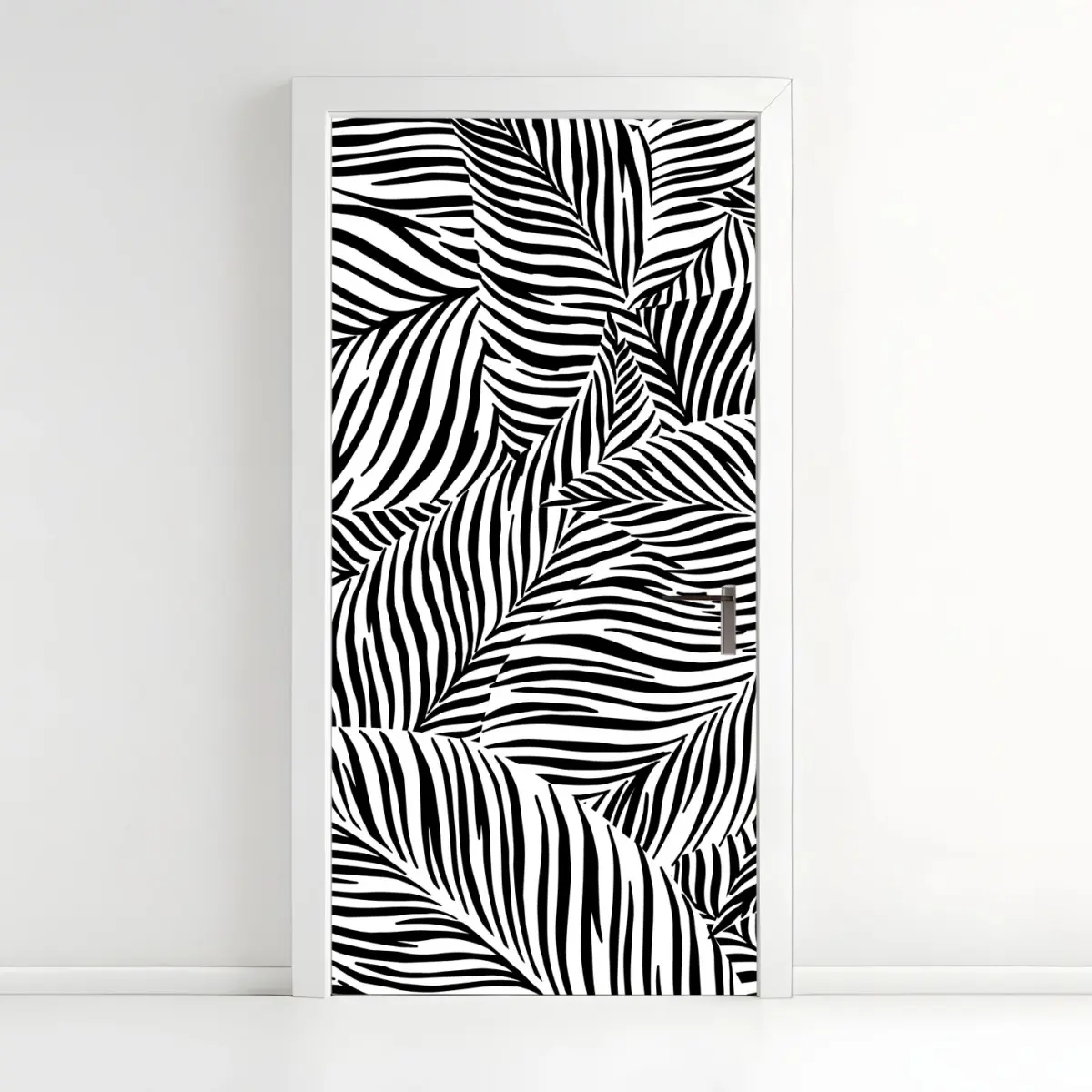 Adesivo per porta trama di foglie a righe in bianco e nero • Wallissimo®