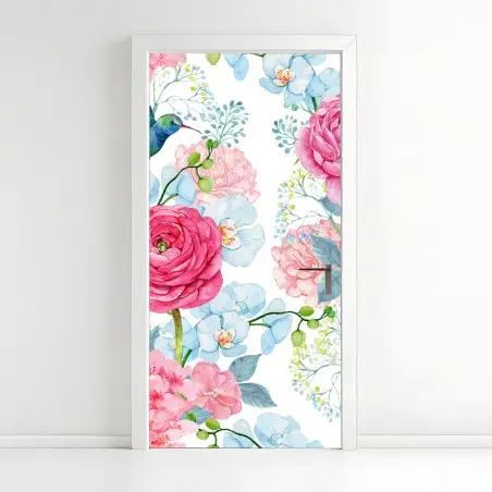 Adesivo per porta motivo floreale acquerellato con colibrì • Wallissimo®
