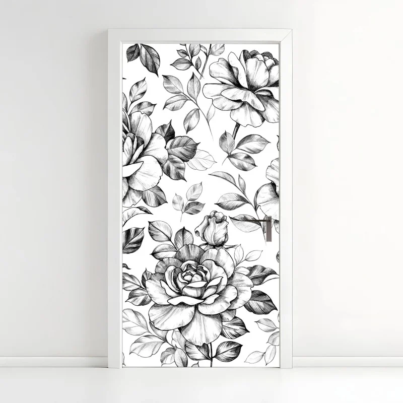 Adesivo per porta motivo di rose disegnate a matita in stile vintage